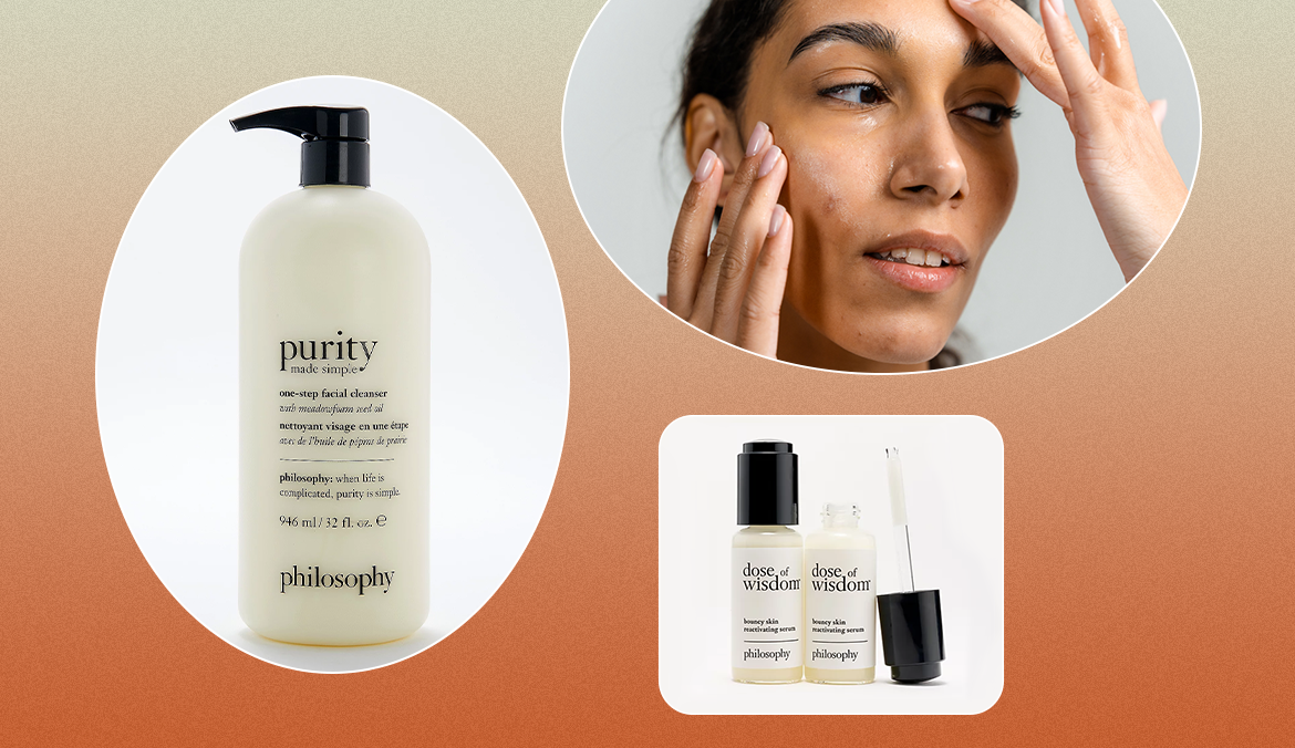 A woman smiles while applying cream to her face, plus two philosophy skin-care products