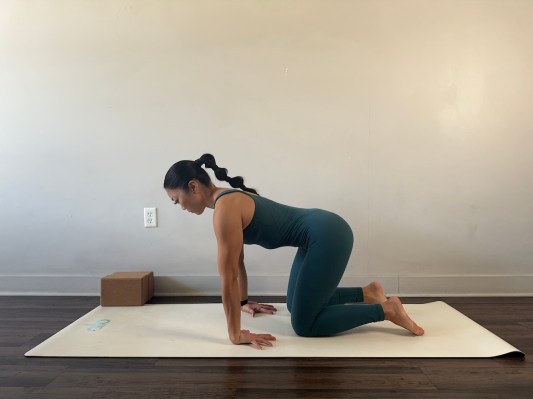 Yoga teacher demonstrating inverted flipped wrists 
