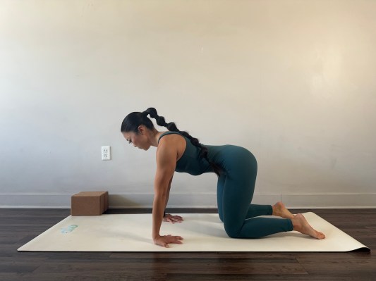 Yoga teacher demonstrating inverted wrist stretch