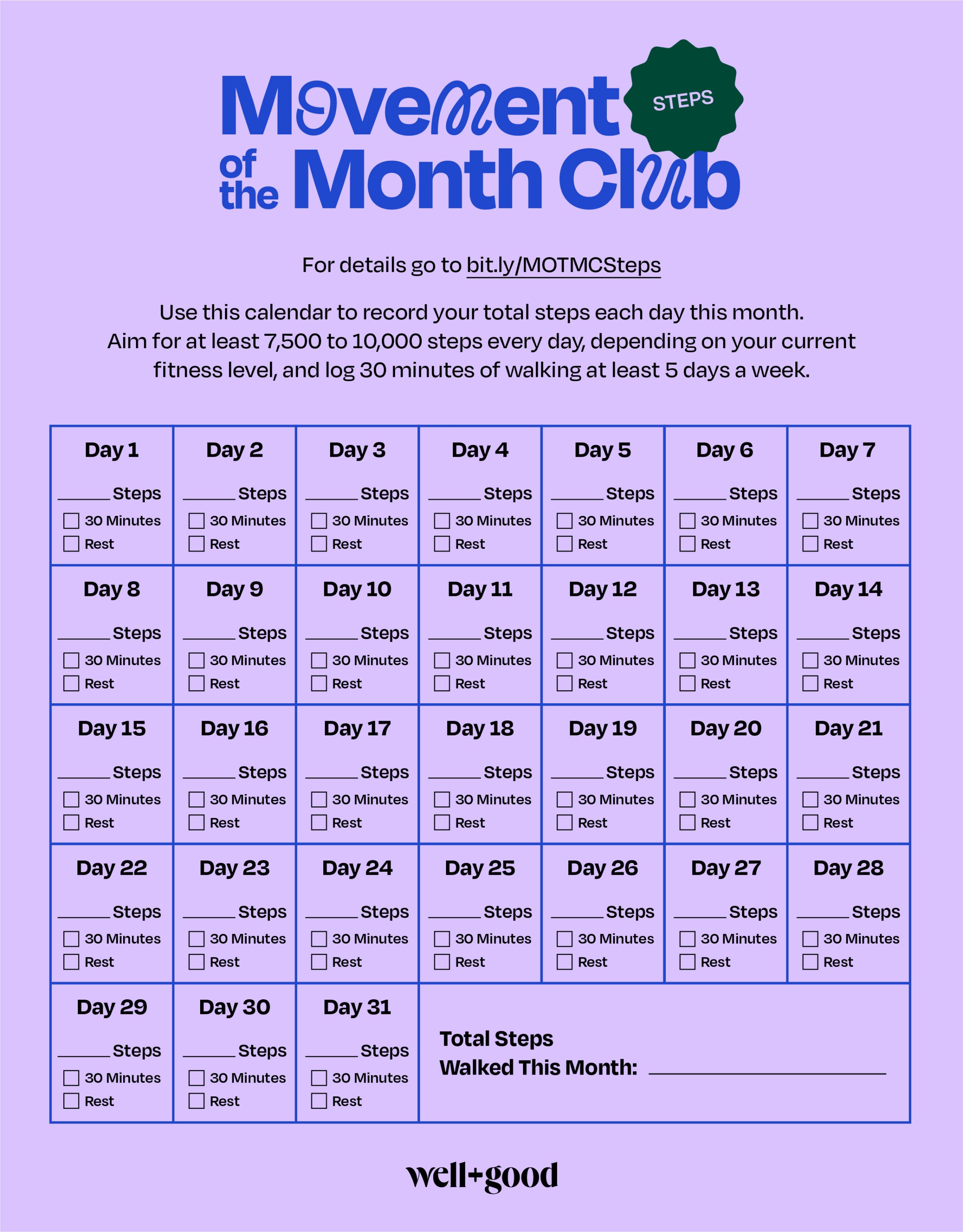a calendar for Well+Good's Movement of the Month Club step challenge, with spots to check off how many steps you've gotten a day