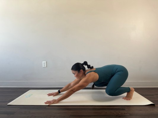 Yoga teacher demonstrating plank to beast pose