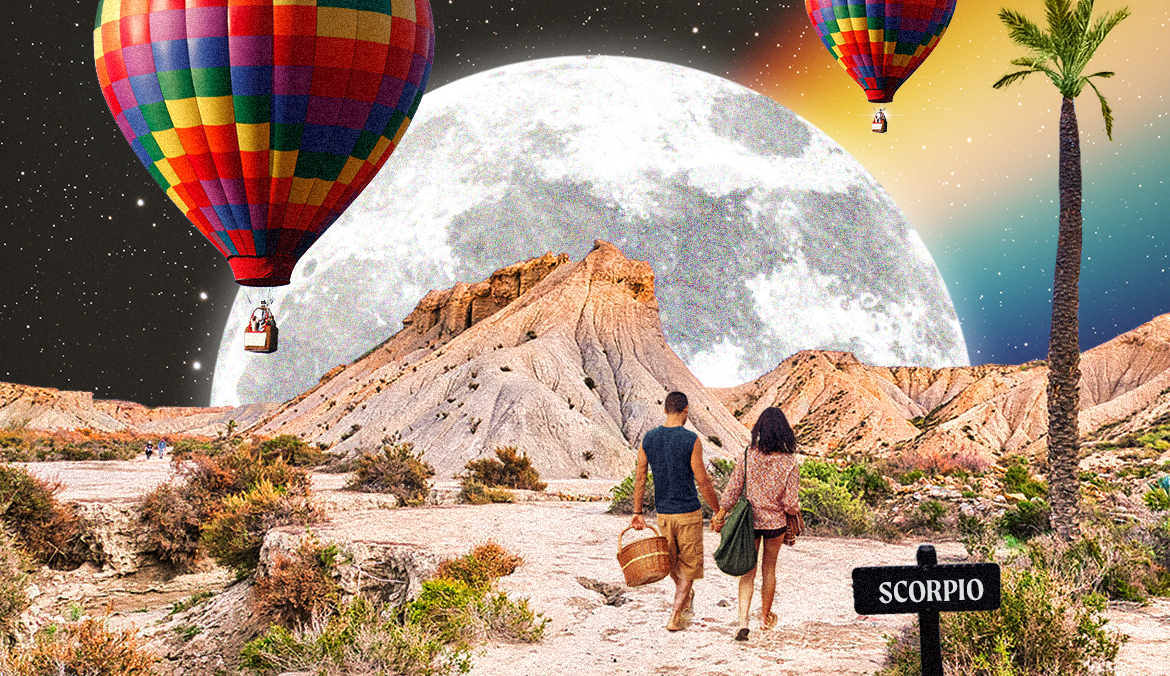 graphic shows people walking in a desert against backdrop of full moon and hot air balloons