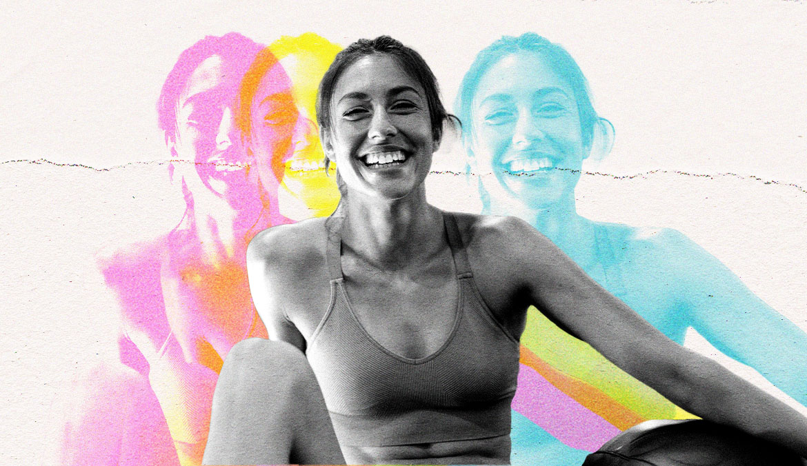 colorful photo of women using laughter for gym anxiety to feel less self conscious while working out